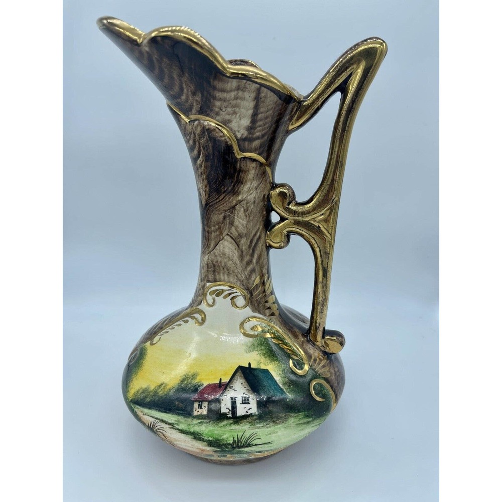 Quaregnon Belgium Pottery Hand Painted Gold Handle Painted Pitcher #164